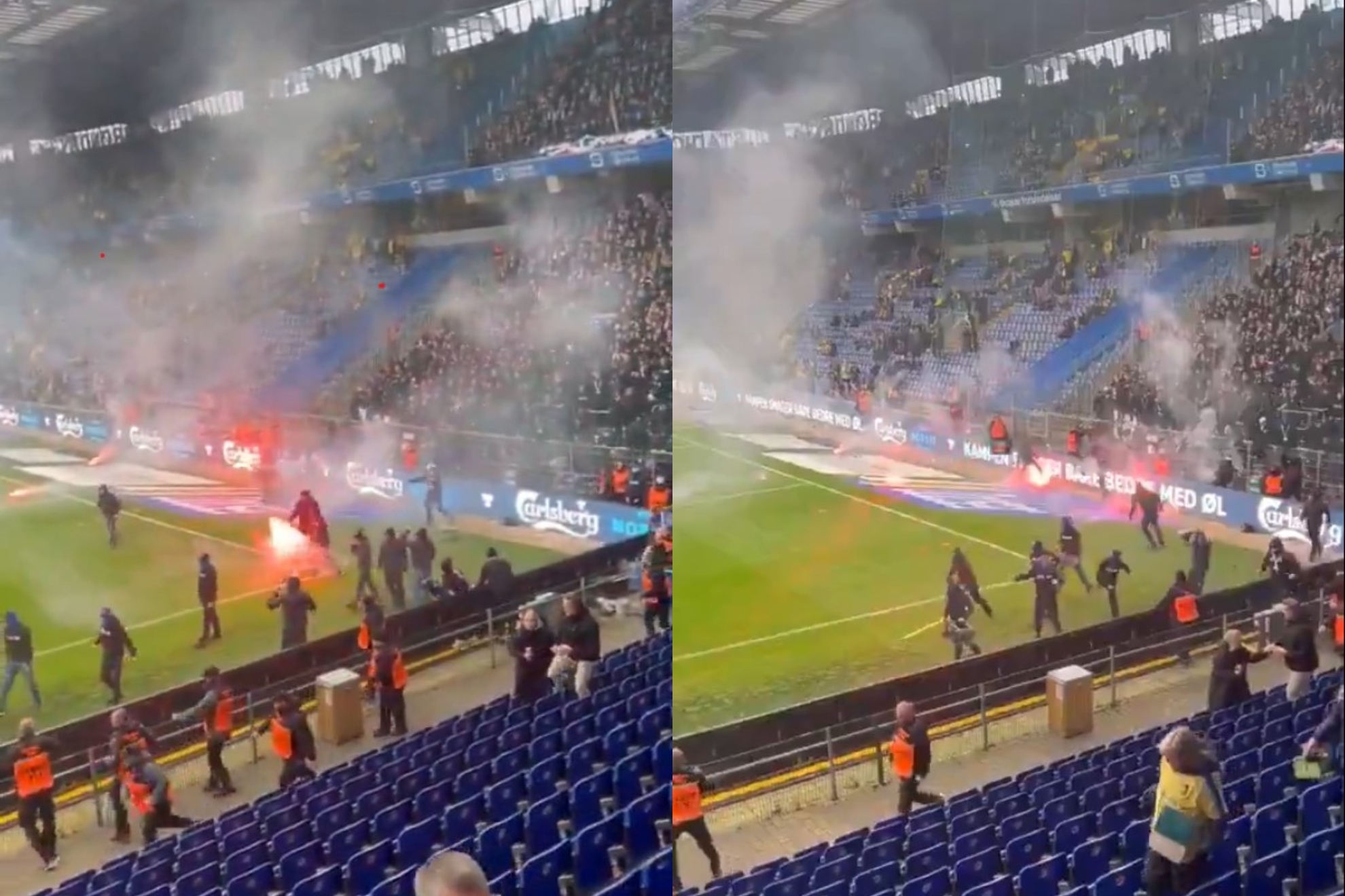 Aficionados saltan al campo y lanzan objetos durante el partido entre Brondby y Copenhage