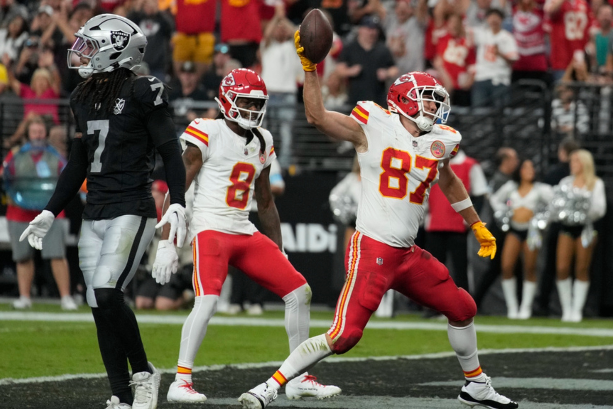 Travis Kelce celebrates after scoring his first touchdown of the season in Week 8 against the Las Vegas Raiders