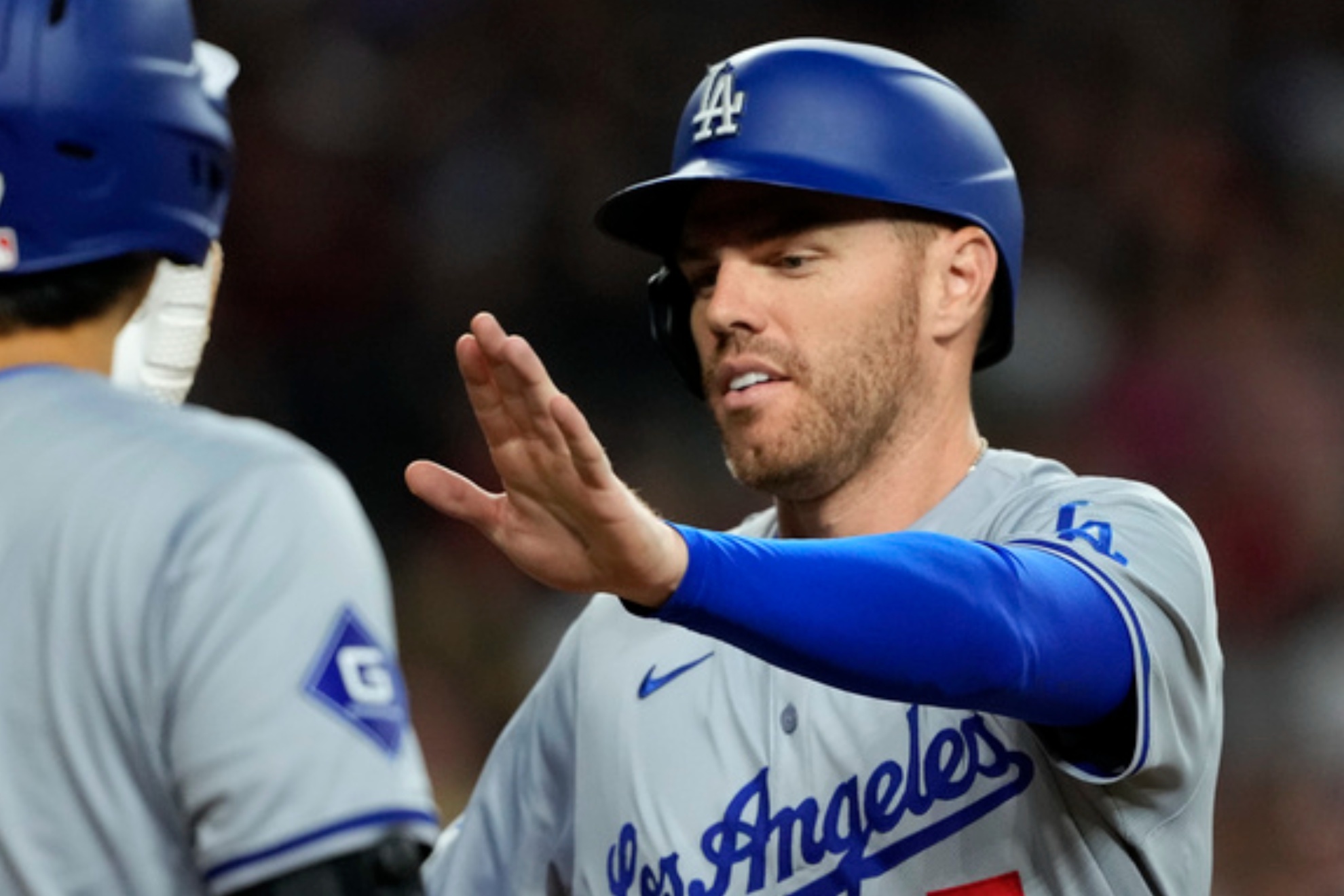 Los Angeles Dodgers first baseman Freddy Freeman celebrates during Game 2 of the 2024 MLB World Series