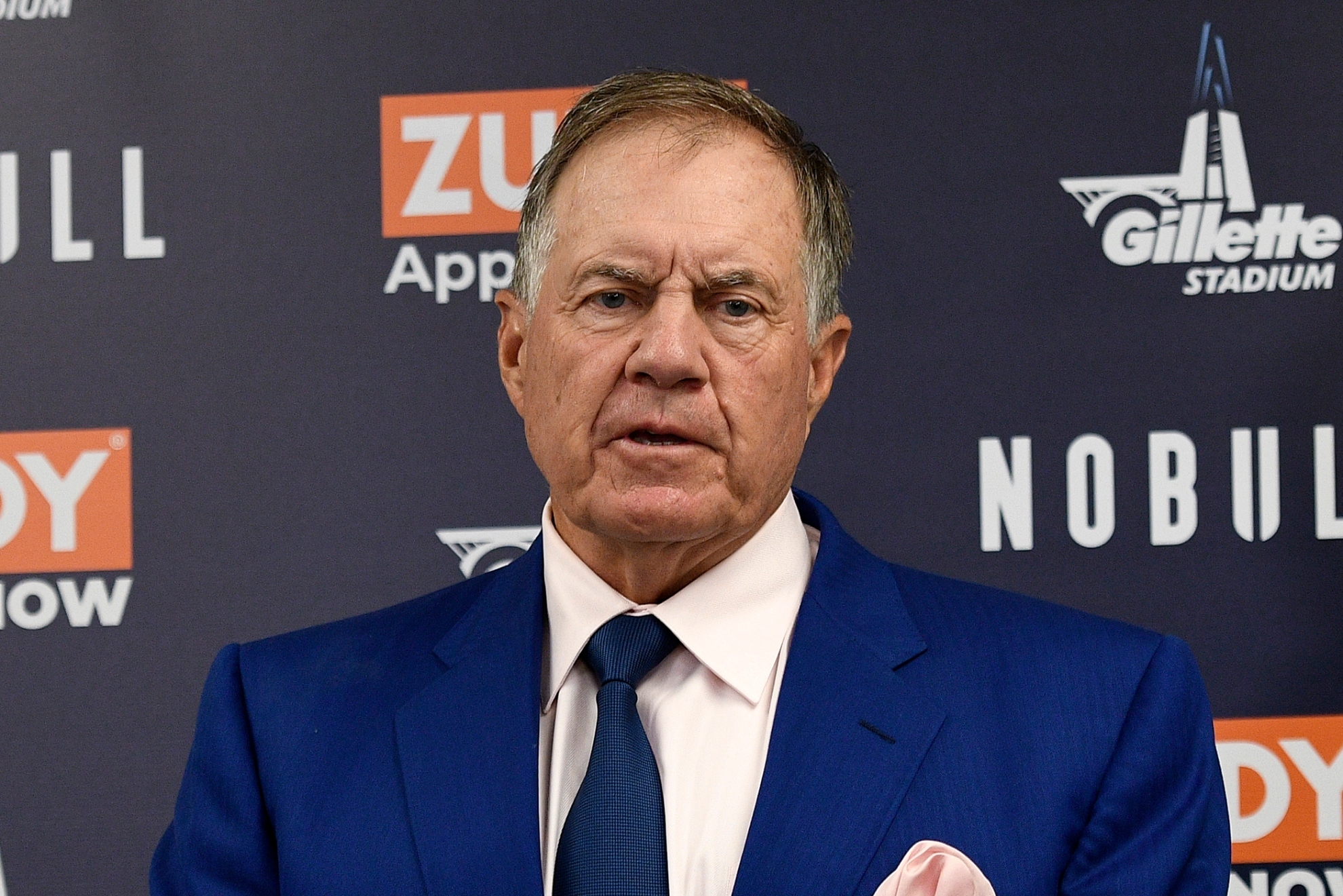 New England Patriots head coach Bill Belichick meets with reporters following an NFL football game in Pittsburgh, Sunday, Sept. 18, 2022.